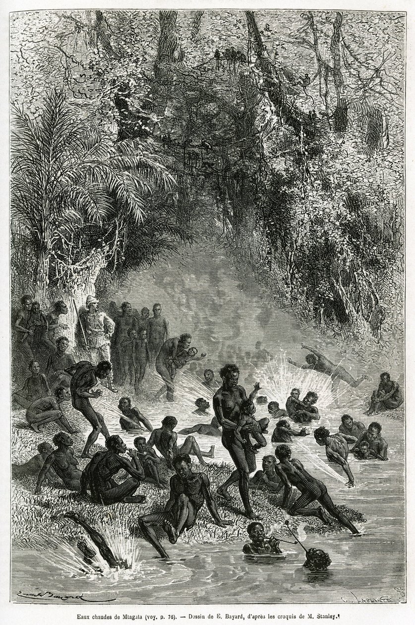 カラグエ地方（カメルーン）の入浴者の中にいるアンリ・モートン・スタンレー卿（1841-1904）。 作： エミール・アントワーヌ・バヤール