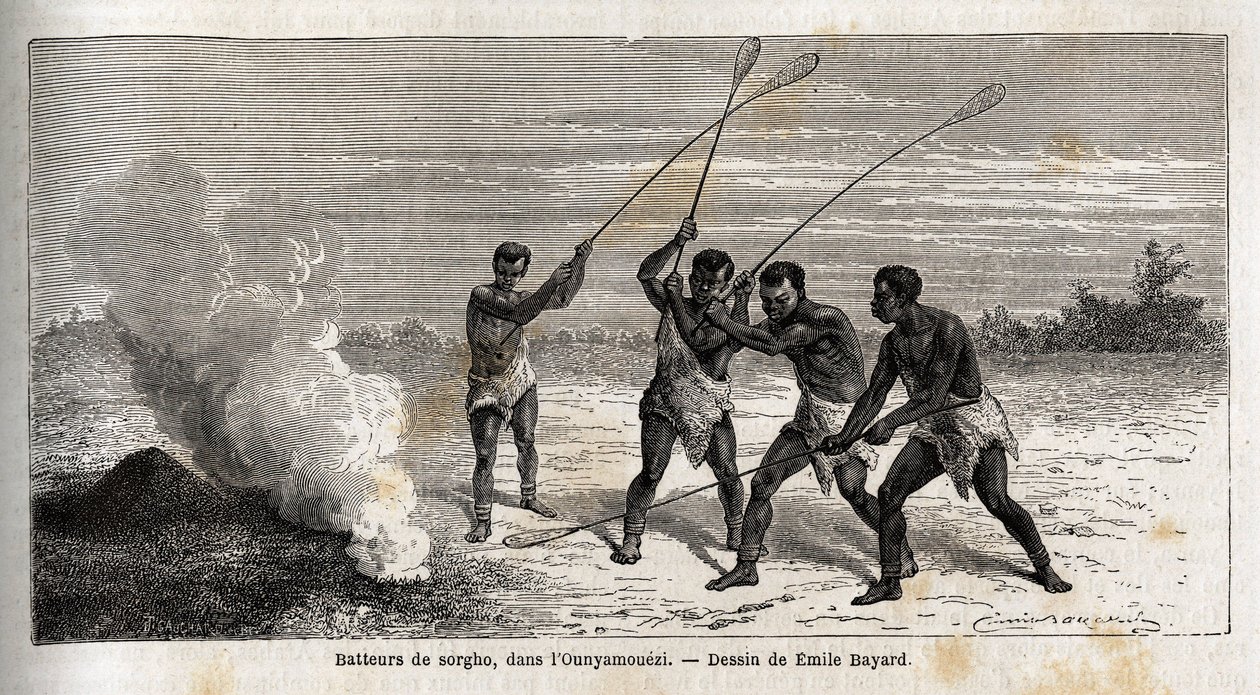 Sorghum-Trommler, im Ounyamouezi (Region der Großen Seen, Afrika), Zeichnung von Emile Bayard, zur Illustration von Captain Spekes Entdeckungsreise in Afrika von 1860 bis 1863. Gravur in „Le tour du monde“, herausgegeben von Edouard Charton von Emile Antoine Bayard