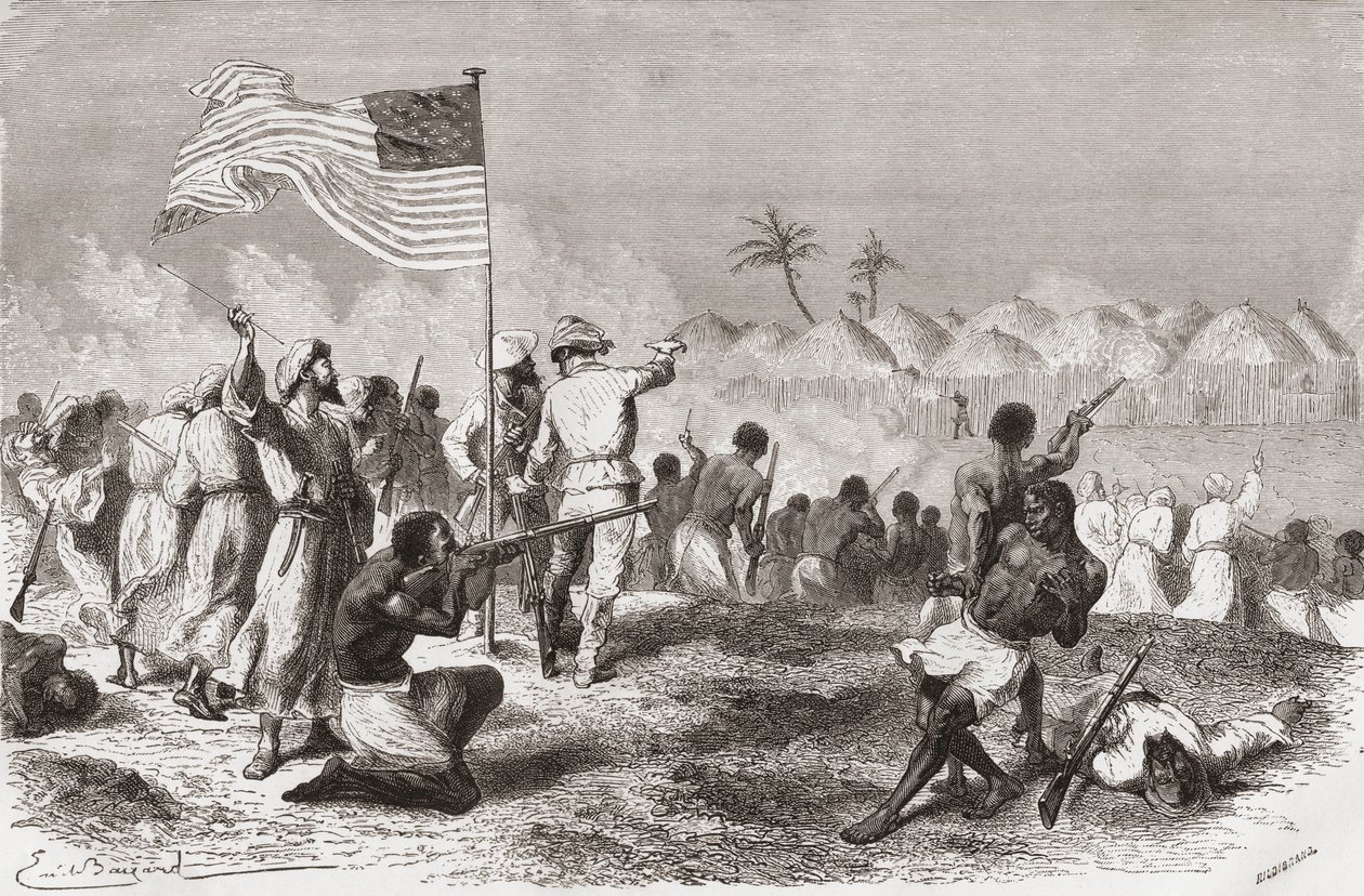1871年の遠征中のスタンレーのジンビソ攻撃、アンリテオフィルヒルディブランド（1824-97）によって刻まれた「世界の手の中」のイラスト、1878年公開 作： エミール・アントワーヌ・バヤール