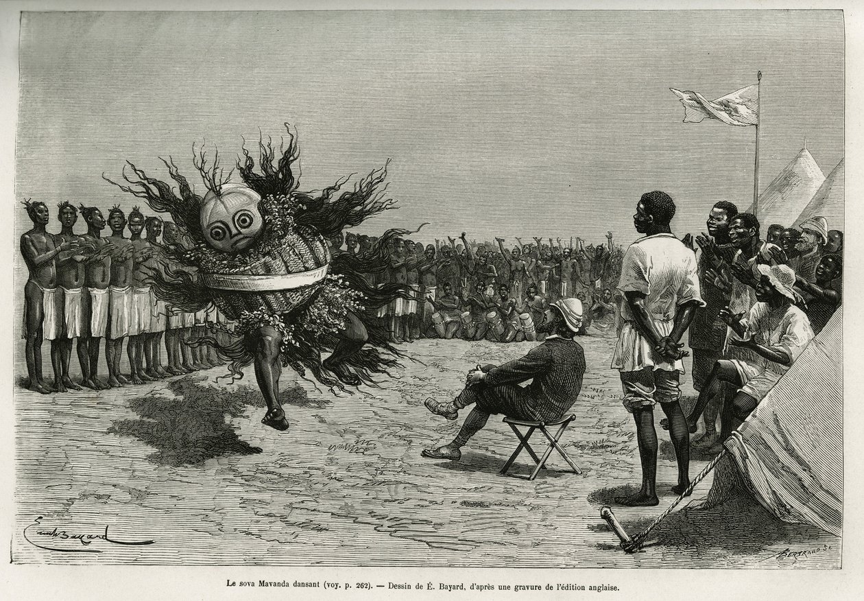 Der Sova Mavanda (König), umgeben von seinen Männern, die einen monotonen Gesang psalmodieren, tanzen vor dem Major. Gravur von Emile Bayard, zur Illustration der Geschichte, wie ich Afrika durchquert habe, vom Atlantischen Ozean bis zum Indischen Ozean, v von Emile Antoine Bayard