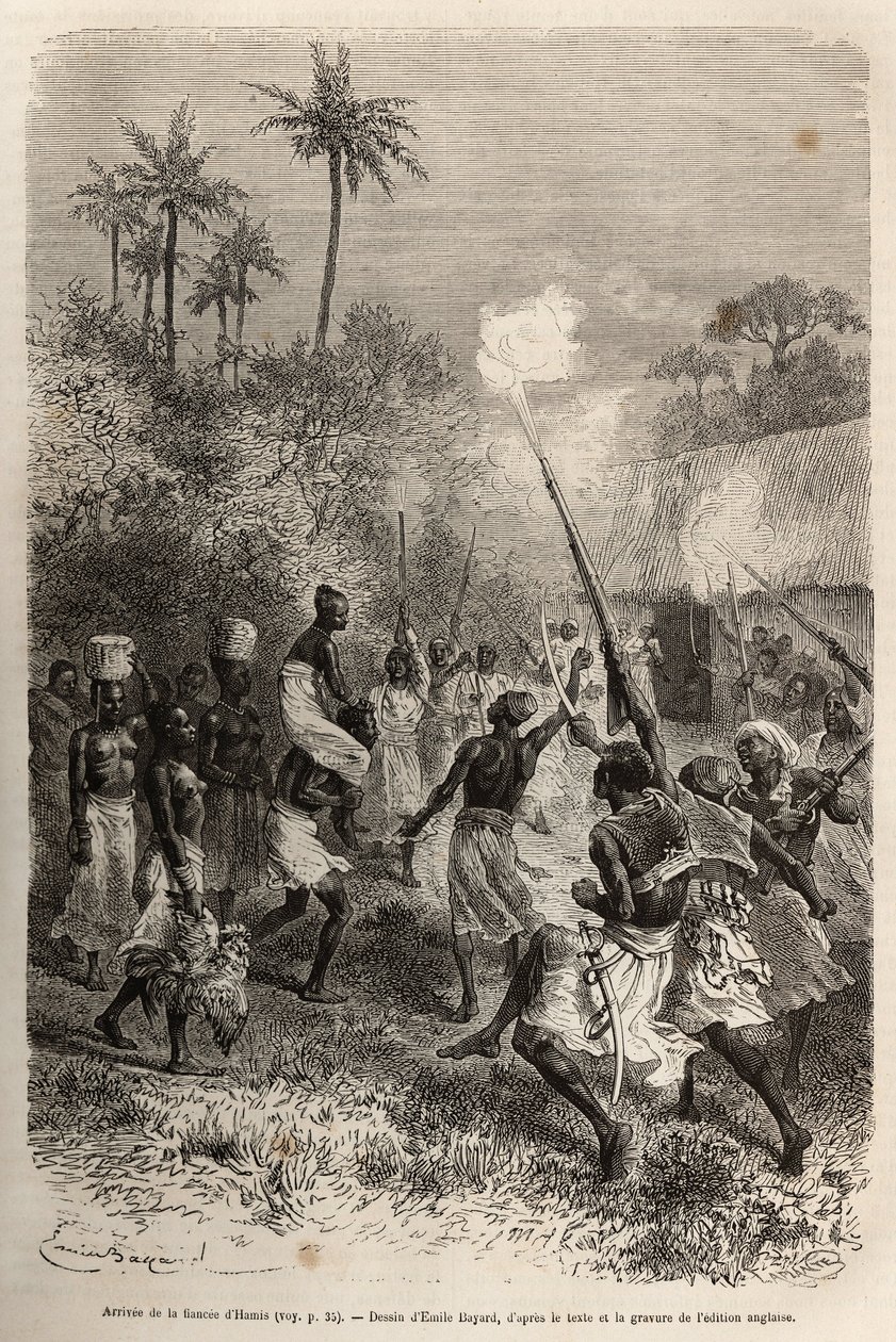 ハミスの婚約者がハラ（ザンビア）の村に到着した様子。男の肩にはカリフールション、頭には食料の入った小さな籠を持った十数人の従者を従えているが、これはデビッド・リヴィングストンを描いたエミール・バヤールの絵の後に描かれたものである。 作： エミール・アントワーヌ・バヤール