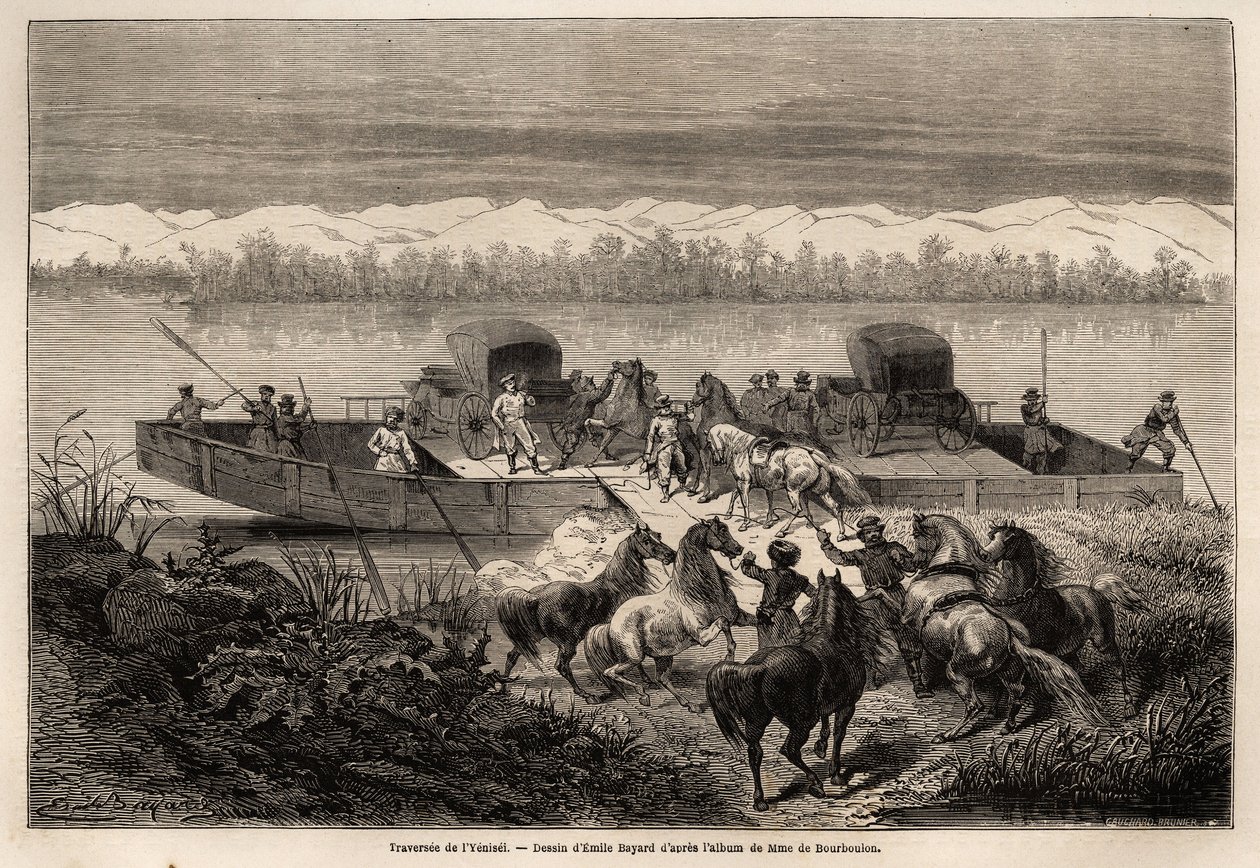 1859年から1862年にかけて、駐中国フランス公使M.de Bourboulonの上海からモスクワへの旅を説明するために、Emile Bayard（1837-1891）が描いたYenissei川（ロシア）の横断。Edouard Cが編集した「Le tour du monde」に掲載されている版画。 作： エミール・アントワーヌ・バヤール