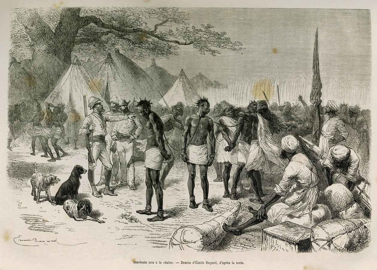 Die unverschämten Träger der Expedition an die Kette gelegt, Zeichnung von Emile Bayard, zur Illustration der Geschichte: Durch Afrika, von Sansibar (Tansania) nach Benguela (Angola), von 1872 bis 1876, von Leutnant V.H. Cameron. Gravur in Le tour du mon von Emile Antoine Bayard