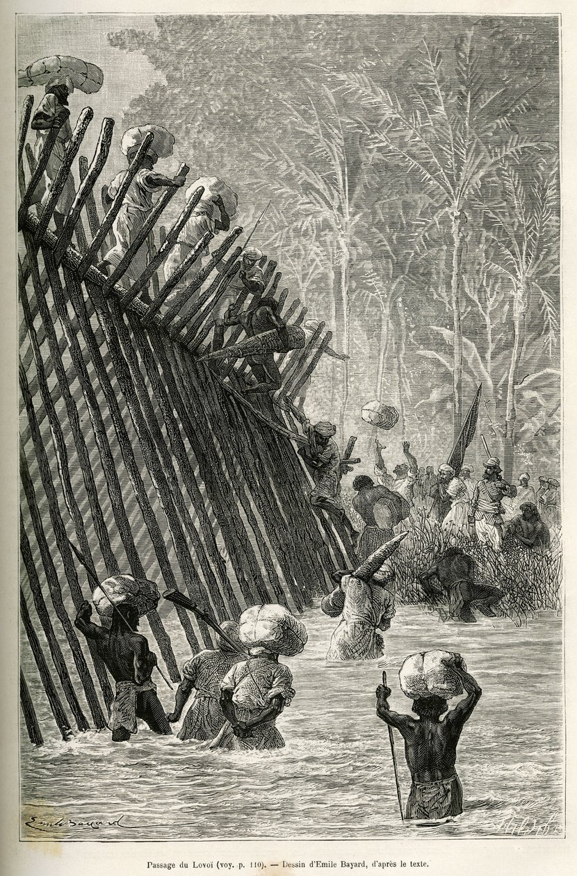 Der Durchgang des Lovoi-Flusses (oder Teufelsfluss) (Region Katanga, Kongo) durch die Expedition, Zeichnung von Emile Bayard, zur Illustration der Reise durch Afrika, von Sansibar (Tansania) nach Benguela (Angola), von 1873 bis 1876, von britischem Komman von Emile Antoine Bayard