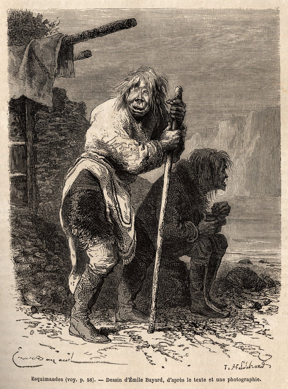 Zwei alte Eskimofrauen in der Tracht der Grönländerinnen, Lederstiefel bis zu den Knien, kurze Robbenfellhosen und eine tunikaförmige Haut, die vorne und hinten herunterfällt, in der Nähe von Lichtenau, graviert nach einer Zeichnung von Emile Bayard (Illus von Emile Antoine Bayard