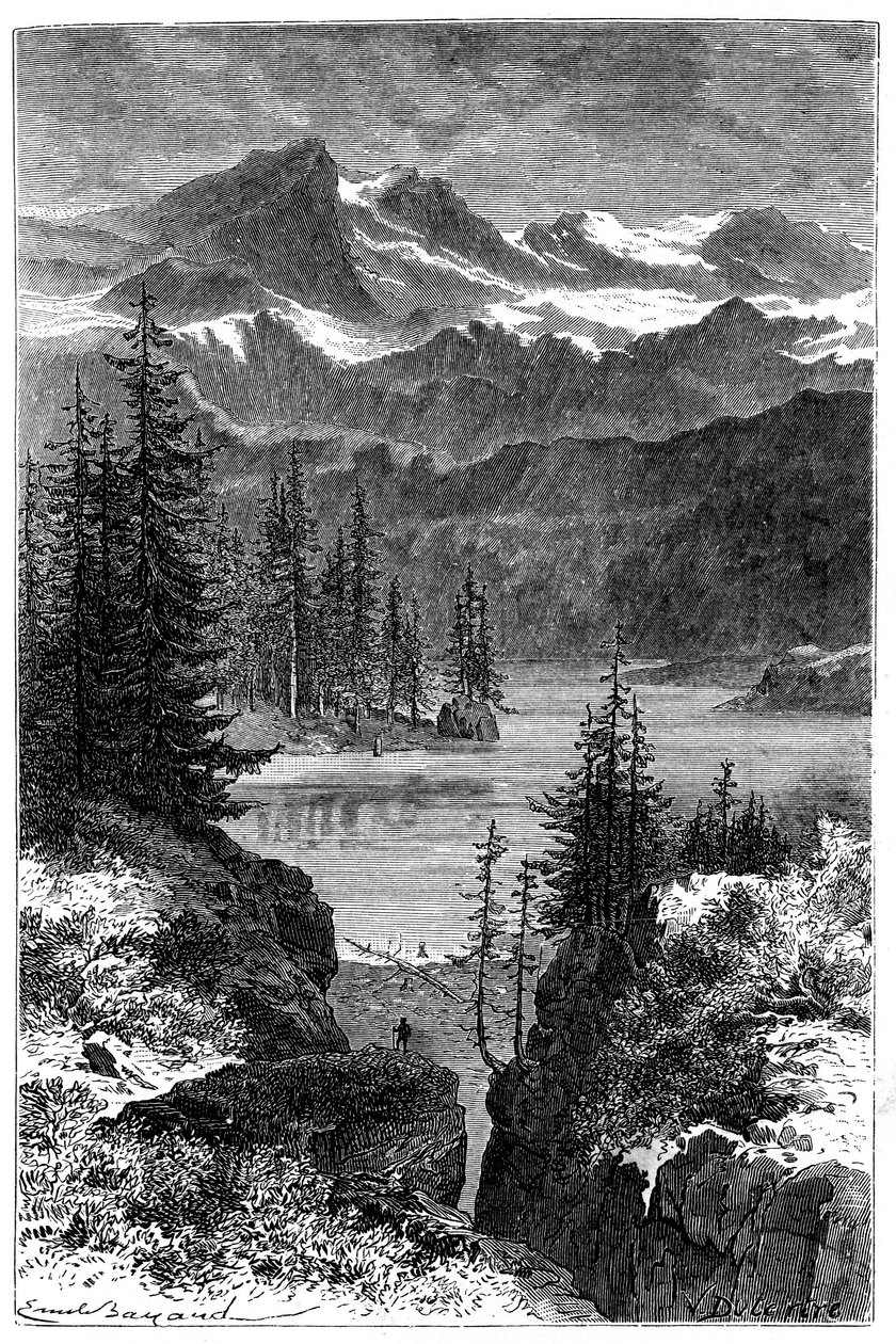 アルプス山脈の眺め：森、湖、峰々。1881年に出版された『Les Montagnes d