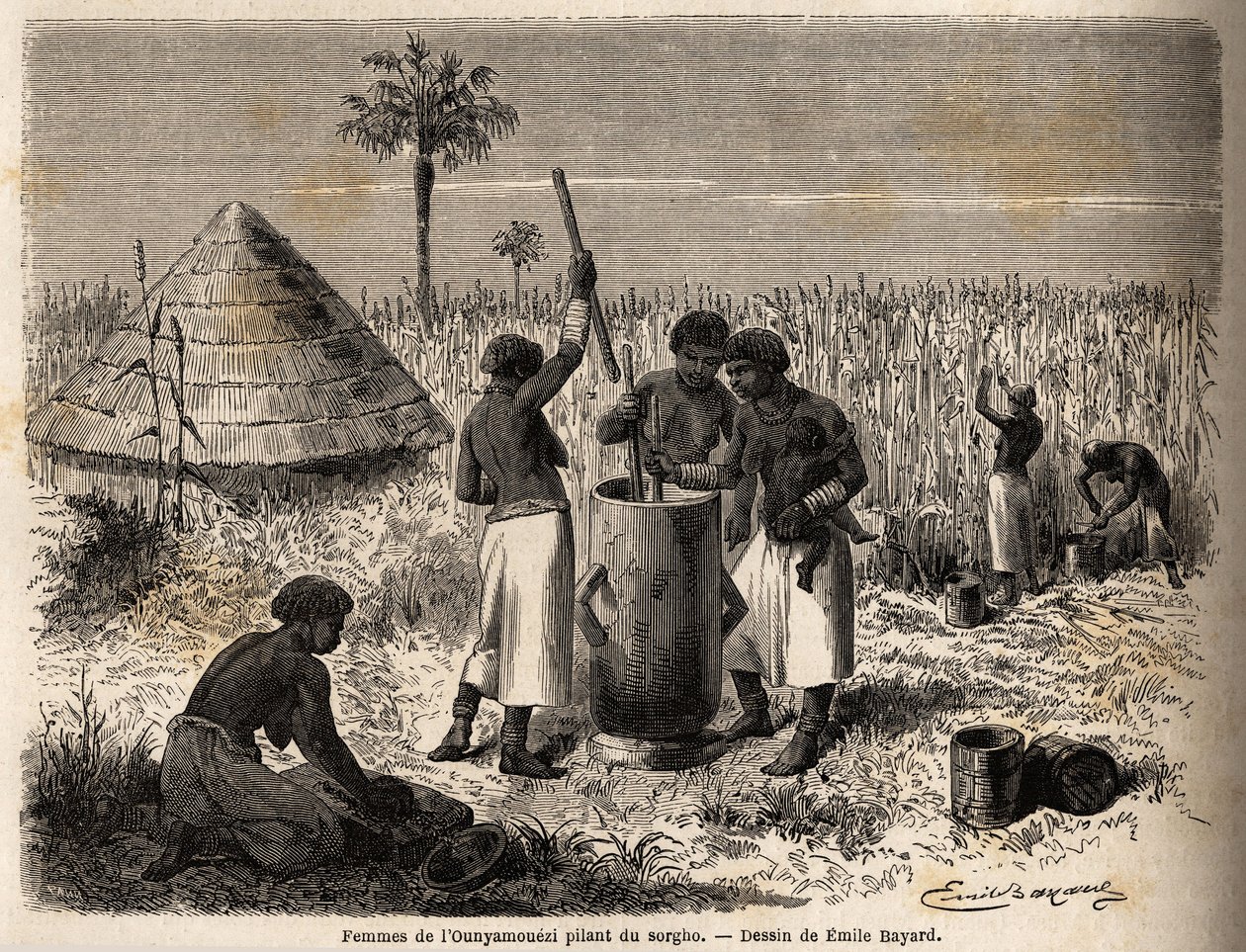 Frauen stampfen Sorghum, in Ounyamouezi (Region der Großen Seen, Afrika), Zeichnung von Emile Bayard (1837-1891), zur Illustration von Captain Spekes Entdeckungsreise in Afrika von 1860 bis 1863. Gravur in „Le tour du monde“, herausgegeben von Edouard Char von Emile Antoine Bayard