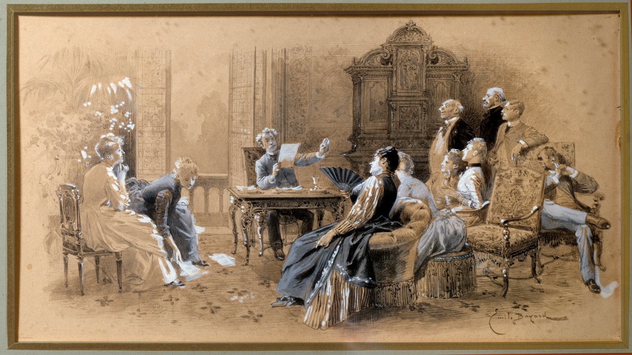 作品を読む作家アレクサンドル・デュマ・ジュニア（1824-1895） エミール・バイヤール（1837-1891）作のグワッシュで引き立てられたラヴィ・ダンクル（Lavis d