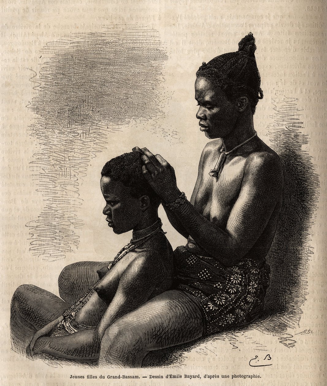 Junge Mädchen von Grand-Bassam (ehemalige Hauptstadt der Elfenbeinküste), beim Frisieren, Gravur nach einer Zeichnung von Emile Bayard, illustriert die Reise zur afrikanischen Küste im Jahr 1868, von Vizeadmiral Fleuriot de Langles, veröffentlicht in „Le t von Emile Antoine Bayard