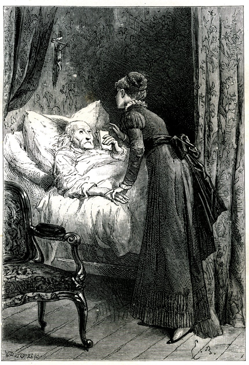Junge Frau, die sich um einen alten Mann kümmert, der in seinem Bett unter einem an der Wand hängenden Kruzifix stirbt. Der Sterbende hält seine letzten Empfehlungen (Testament) in der Hand. Gravur von Emile Bayard, illustriert Jules Sandeaus Buch „Mademoi von Emile Antoine Bayard