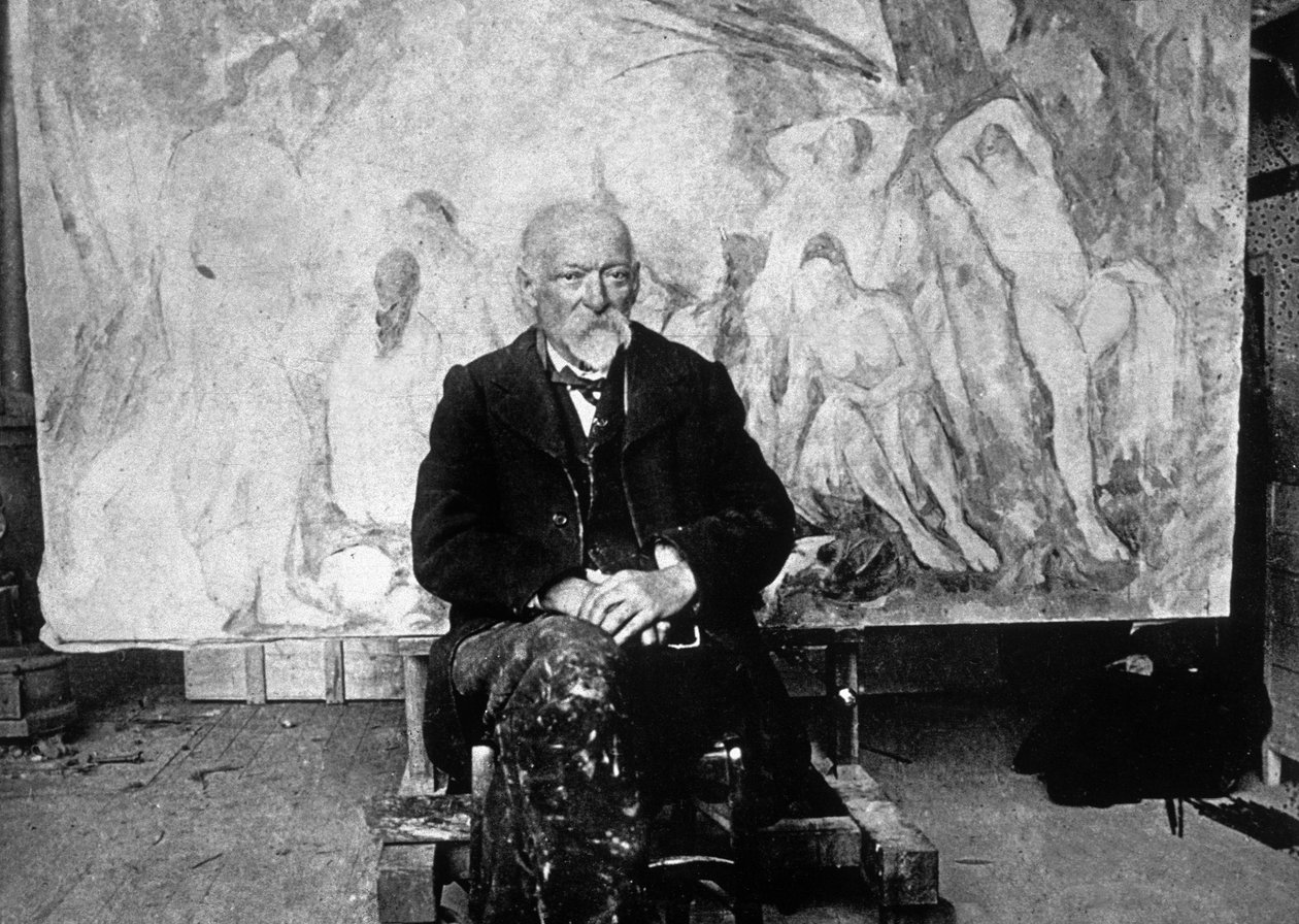 Paul Cezanne (1839-1906) 1904年、フランスの画家、水泳選手を描いたキャンバスの前で（モノクロ写真 作： エミール・バーナード