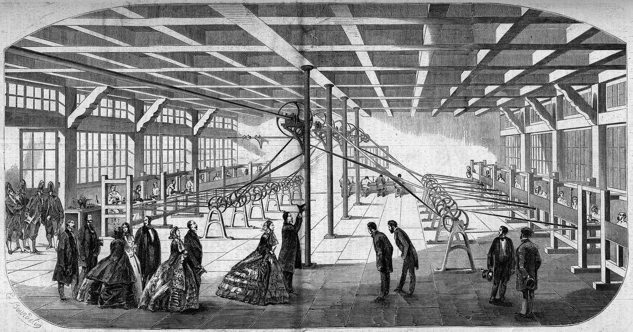 1859年、ナポレオン3世(1808-1873)とウージェニー(Eugenie de Montijo)王女が訪れた際に、メイン州の関所付近で行われたゲーンズリー氏とバーナード氏によるダイヤモンド切断の内観。 作： エミール・ブルデリン