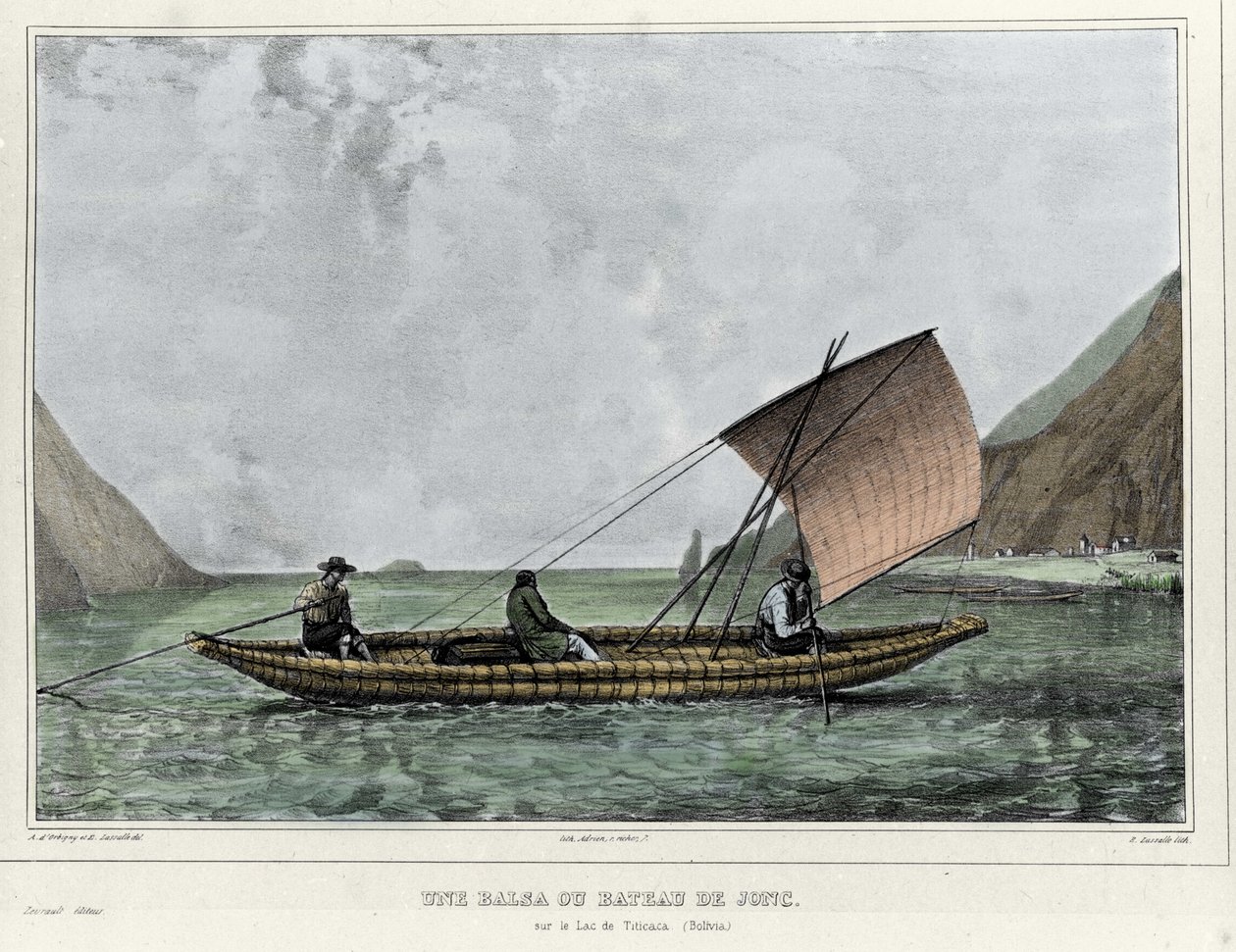 チチカカ湖(ボリビア)のバルサまたはラッセル船。Emile Lassalle（1813-1871）によるリトグラフ - Alcide D