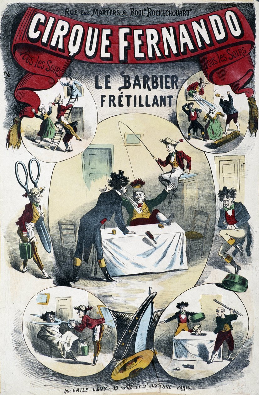 Cirque Fernando:The Writing Barber - Lévyによるポスター、19世紀後半 作： エミール・レヴィ
