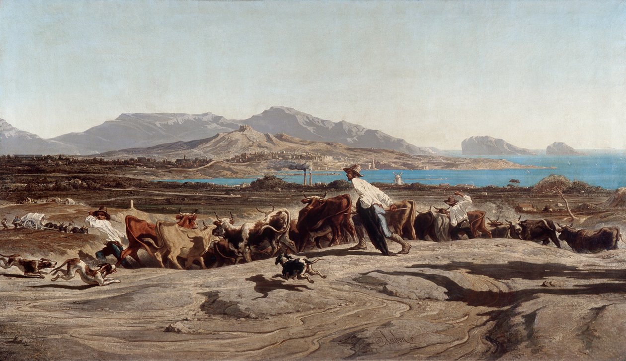 マルセイユの眺め、日帰り散歩でアイガラードを撮る-エミール・ルーボンによる絵画（1809-1863） 作： エミール・ルボン