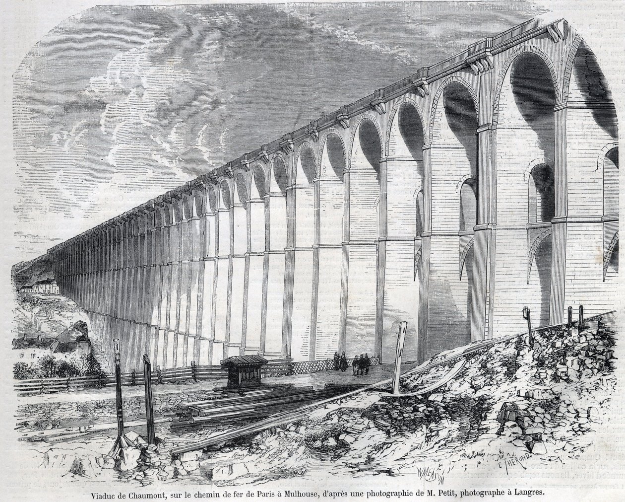 パリからミュルーズに向かう鉄道のショーモン高架橋。1857年9月5日、「The Illustrous World」に掲載されたラルフのスケッチに基づくエングレーヴィング。個人蔵。 作： エミール・セオドア・セロンド