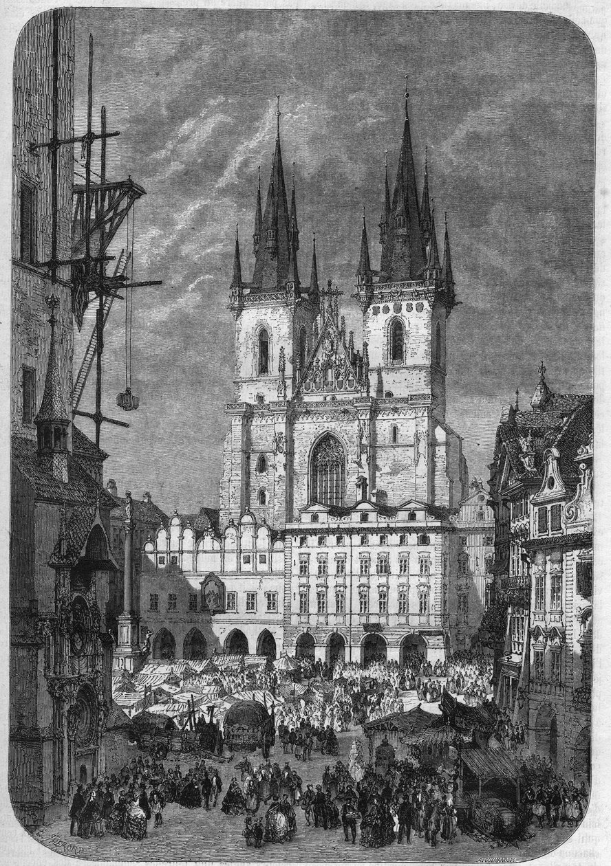 ゴシック建築：プラハの「タインの聖母教会」（Teynkirche）の外観。14世紀後半から16世紀にかけて建設されました。テロンによるエングレーヴィング、"Le Magasin Picturesque "掲載 作： エミール・セオドア・セロンド