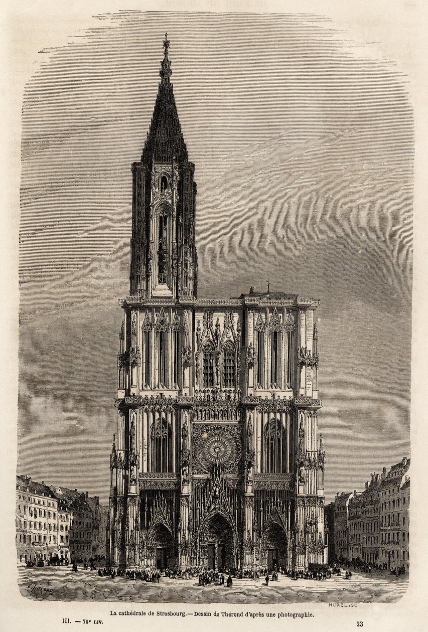 ストラスブールの大聖堂のファサード。1860年、Victor Duruyのパリからブカレストへの旅を説明するためにTherondが描いたもの。1861年の "Le tour du monde "に掲載されたエングレーヴィング。セルバのコレクション。 作： エミール・セオドア・セロンド