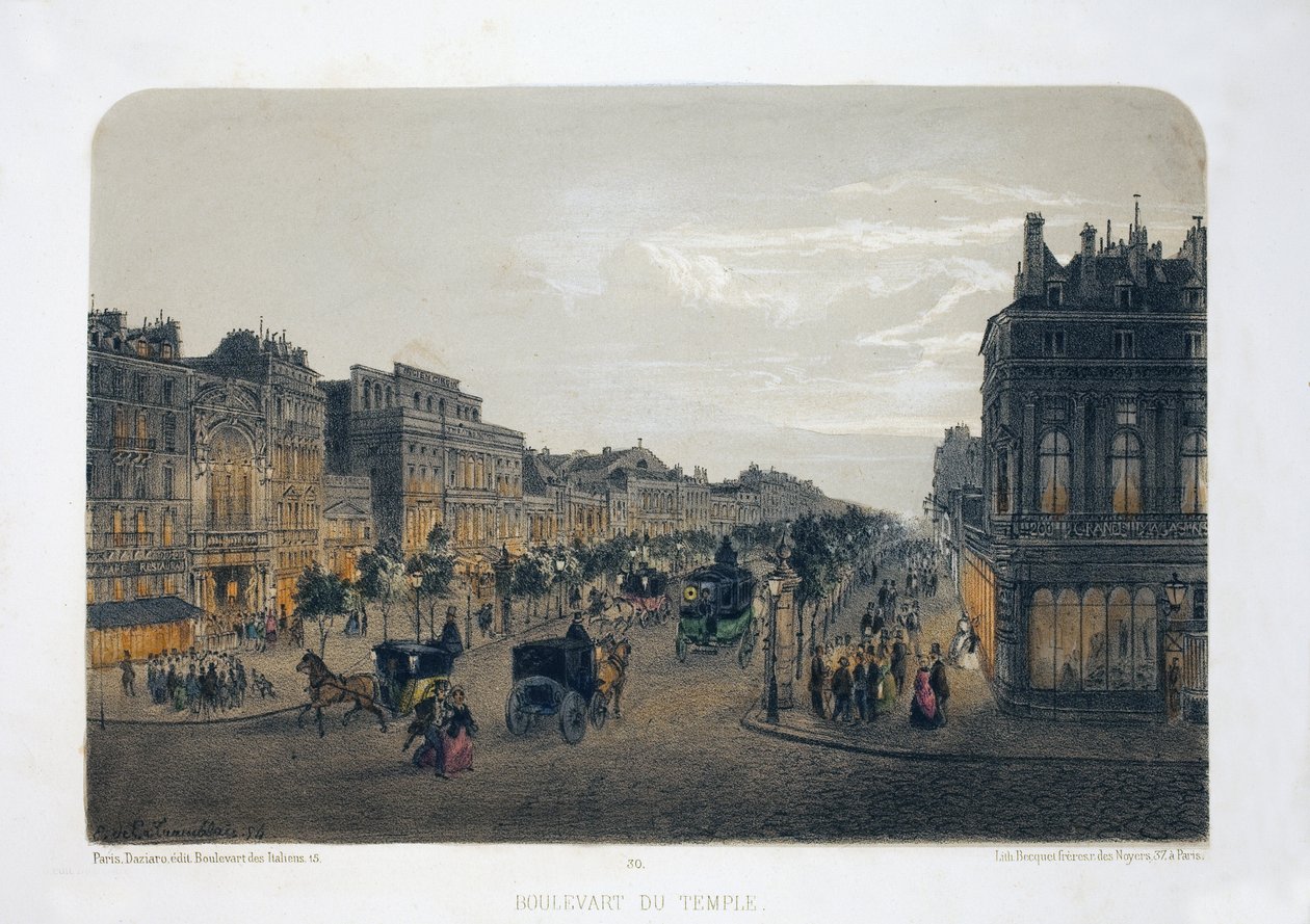 パリ、テンプル大通り。 リトグラフィー水彩画、E.de la Tramblaiz 作イラスト、「アルバム、お土産 de Paris」、Daziaro 編集者、パリ 作： エミール・デ・ラ・トラブレ