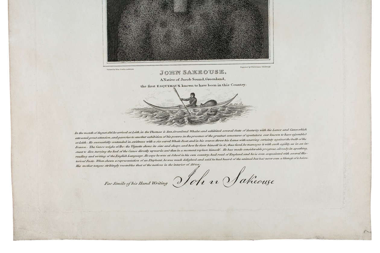 1816年にこの国にいたことが知られている最初のエスキモーであるグリーンランドのジェイコブサウンド出身のJohn Sakeouse 作： エミリア・アンダーソン