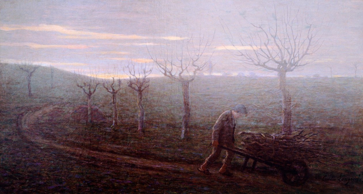 森からの帰り道」 エミリオ・ロンゴーニ（1859-1932） 油彩・キャンバス 67x120cm 作： エミリオ・ロンゴニ