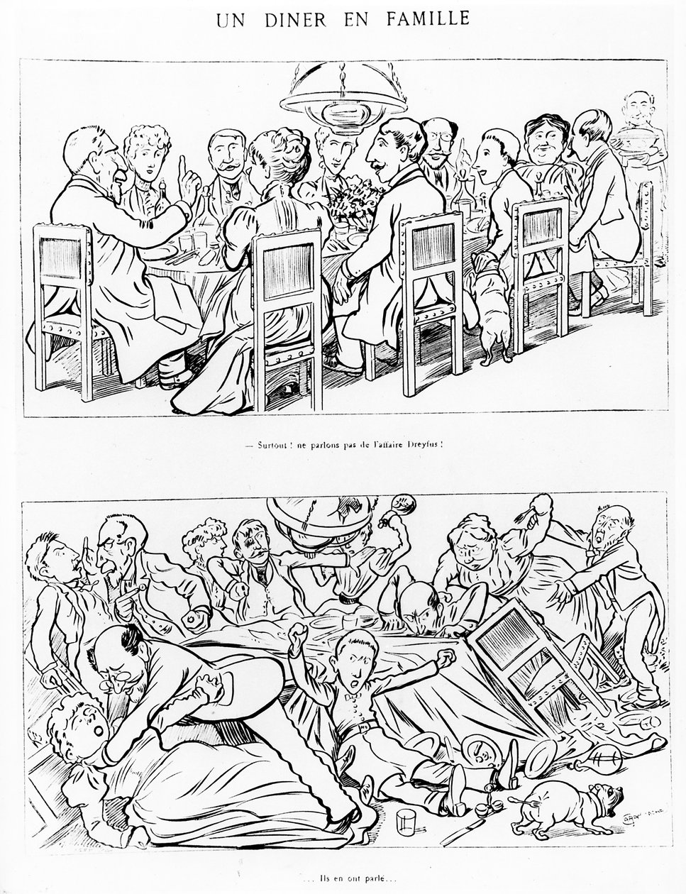 ドレイファス事件について語った前後の家族の夕食の似顔絵、1894年頃 作： エマニュエル・ポワール・カラン・ダッシュ