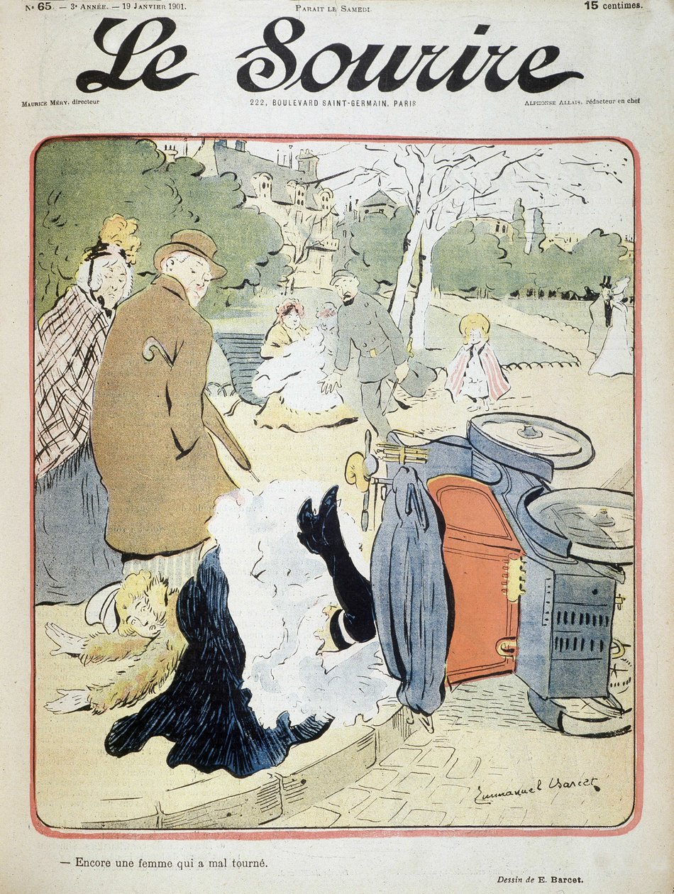 車の事故。"もう一人の間違った女性"エマニュエル・バルセ(1870-1940)によるイラスト - 1901年1月19日付「Le Smile」にて 作： エマニュエル・バーセット