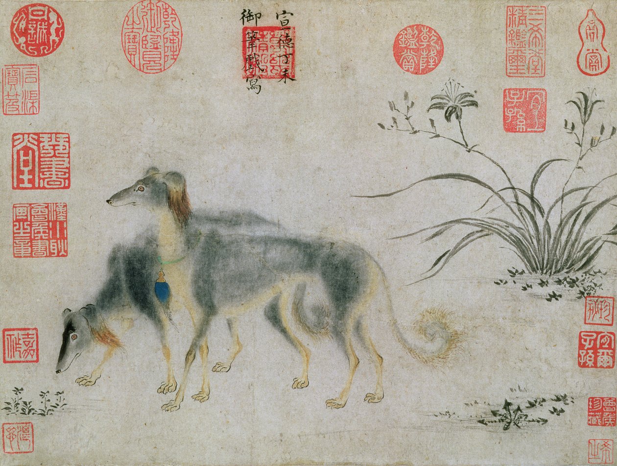 2匹のサルキハウンド、1427年（紙にインク） 作： 皇帝ツアン