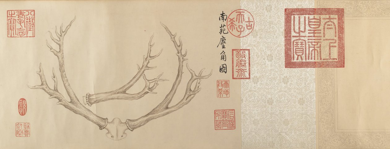 1762 年と 1767 年の 2 枚の鹿の角の絵。 作： 乾隆帝