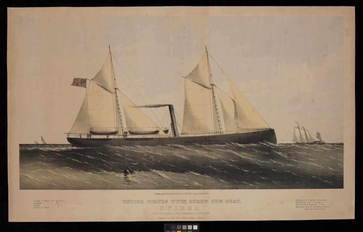 アメリカのツインスクリュー砲艦。スピレアSaml H Pouk Fairhaven Connによって建造された。1864... (リトグラフ、カラー) 作： エンディコットエンディコット