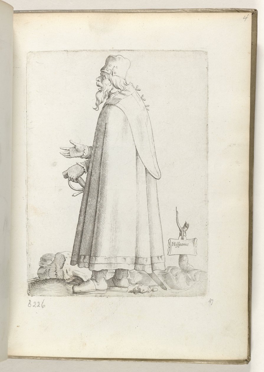 スペイン語 (オブジェクトのタイトル) Oude man, naar links, in Spaanse kleding. 約。 1550 私たちの時代のさまざまな国の態度（シリーズタイトル） 作： エネア・ビコ