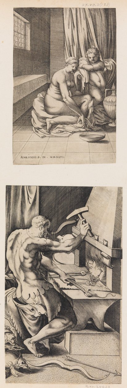 彼女のトイレでのヴィーナスと彼の鍛冶場で働くバルカン。 1546年。 作： エネア・ビコ