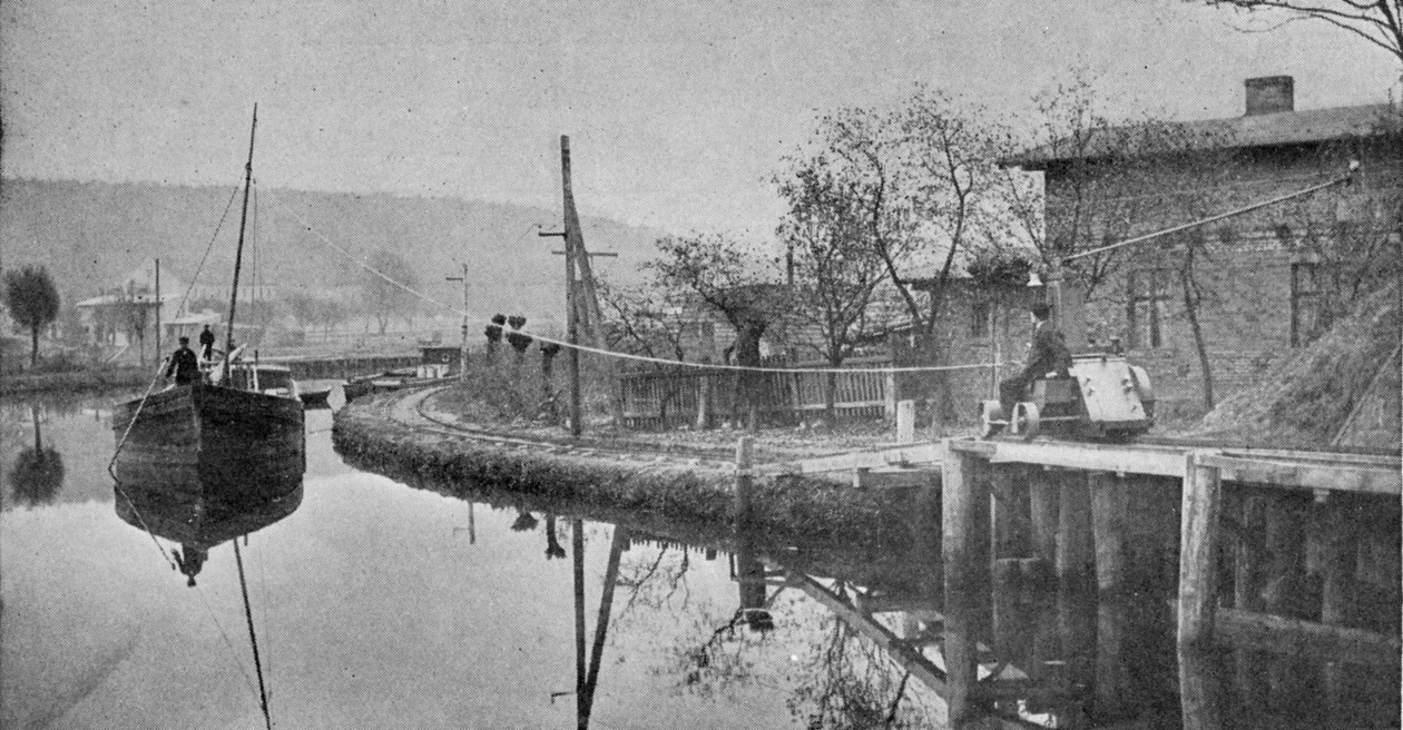 モーターカーがドイツのフィノウ運河をはしけを牽引、イラスト、王様、1901年6月1日 作： 英語の写真家