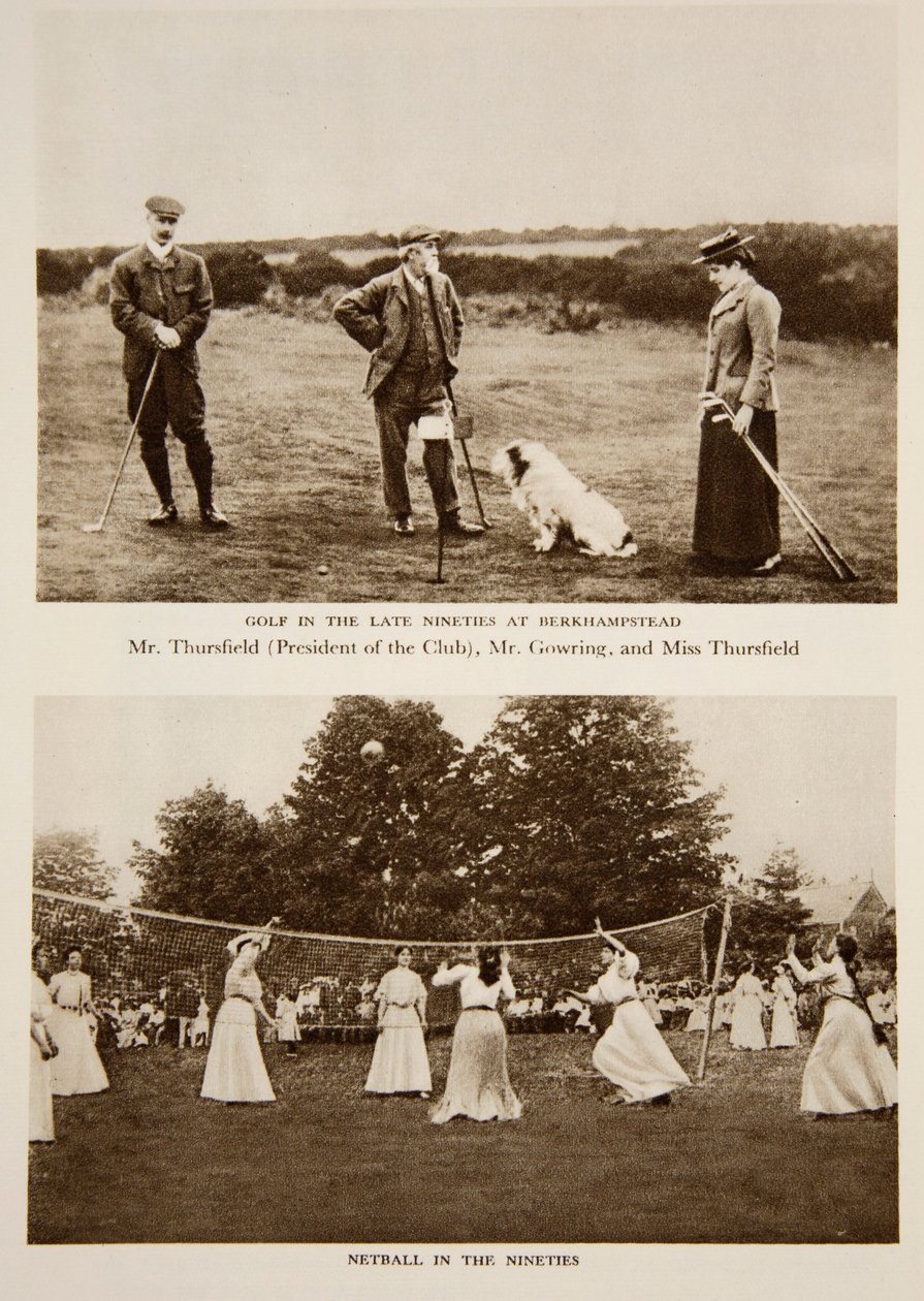 90年代後半のバーカンプステッドと90年代のネットボールでのゴルフ、1890年代のタイムズの写真（セピア写真） 作： 英語の写真家