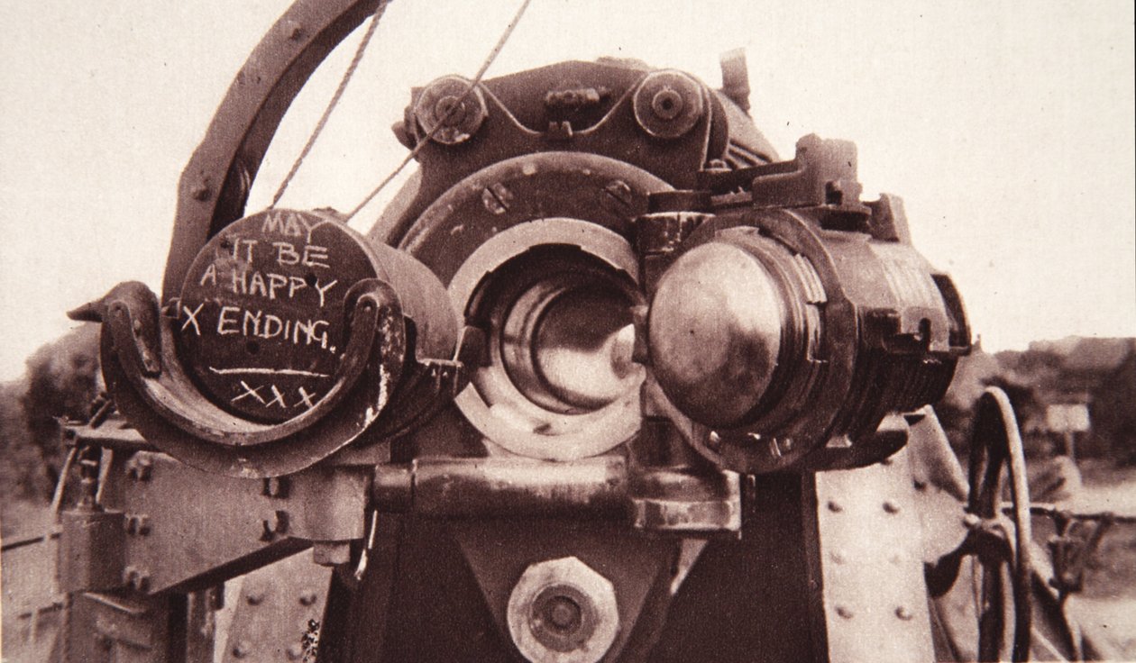 Strafingバッテリーの1つ：The Illustrated War Newsからのフリッツへのメッセージ、1916年7月5日（セピア写真） 作： 英語の写真家