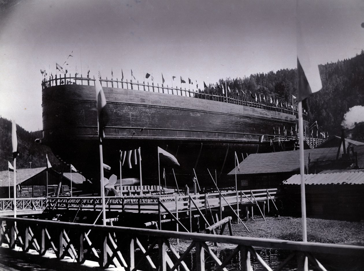 ヤードなし。 647、バイカル。 1896年にバイカル湖に打ち上げる準備ができている砕氷列車フェリースチーマーバイカルを示す 作： 英語の写真家