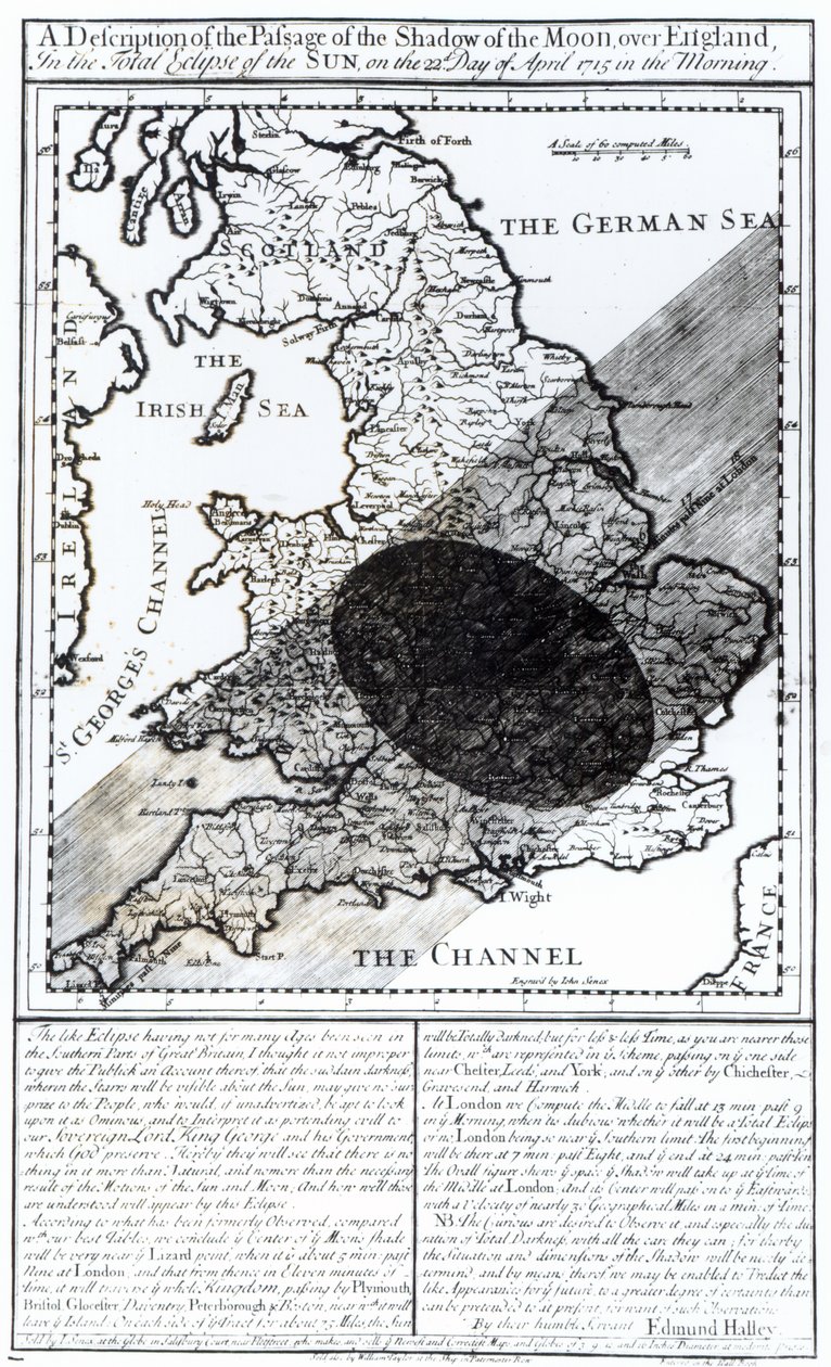 1715年4月22日、ジョンセネックスによって彫刻された、イギリス上空の月の影の通過を示す地図 作： 英語学校