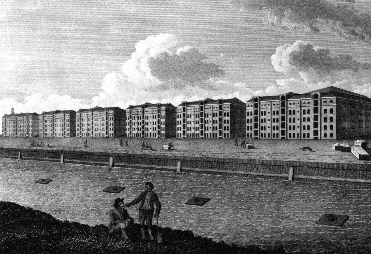 倉庫と西インドドックの眺め、1803 作： 英語学校