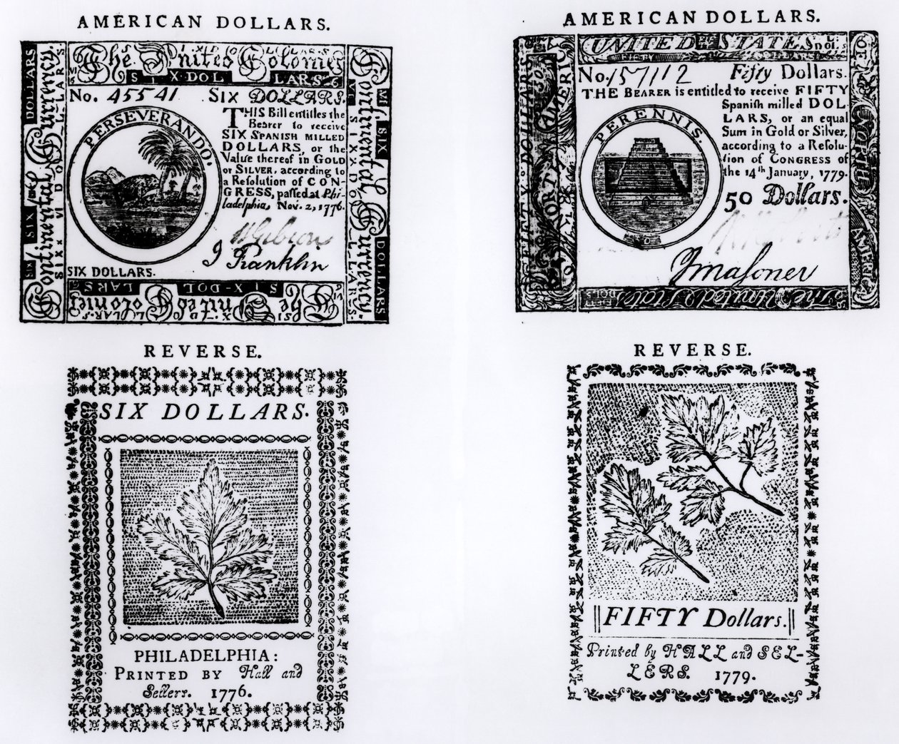 1776年の植民地時代の6ドル紙幣と1779年のアメリカの50ドル紙幣 作： 英語学校