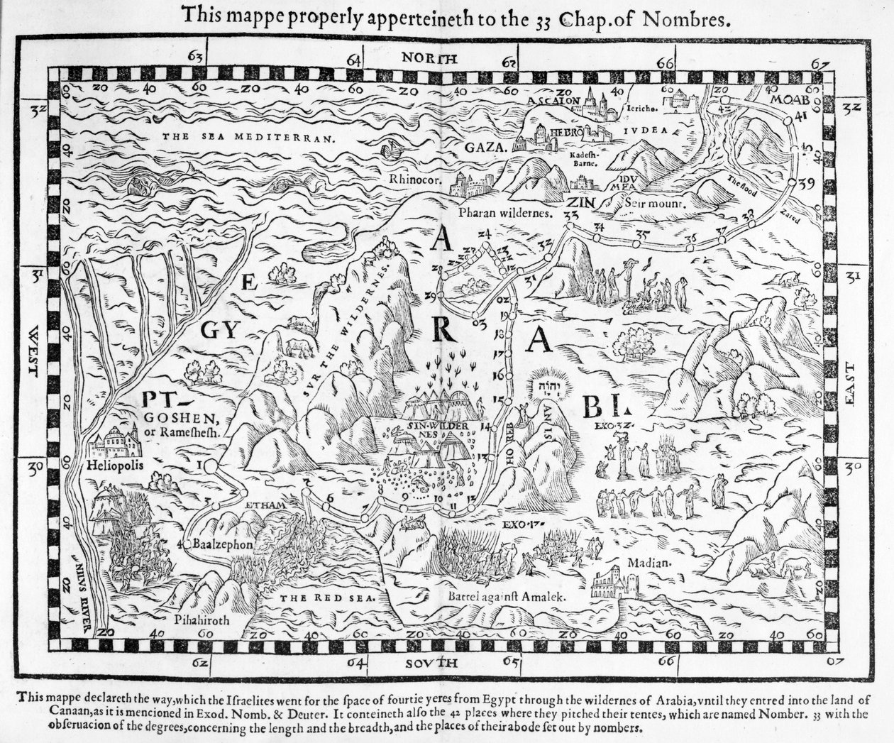 エジプト人からカナンへのイスラエル人の旅を示す地図、1560年のジュネーブ聖書の画像の複製 作： 英語学校
