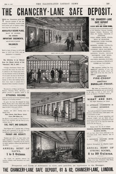 The Chancery Lane Safe Depositの広告、イラストレイテッドロンドンニュース、1887年2月12日 作： 英語学校