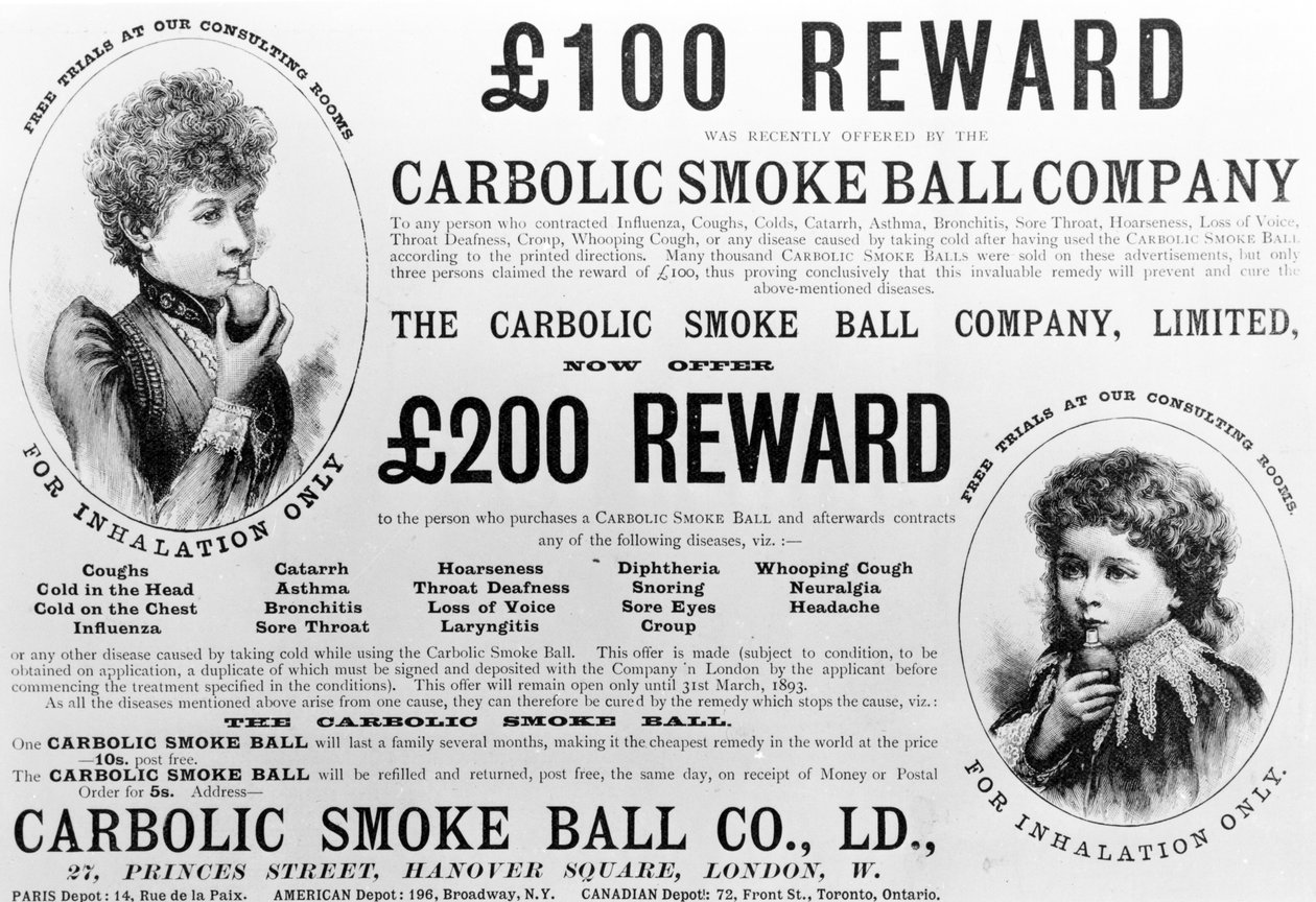 「カーボリックスモークボールカンパニー」の広告、1892 作： 英語学校