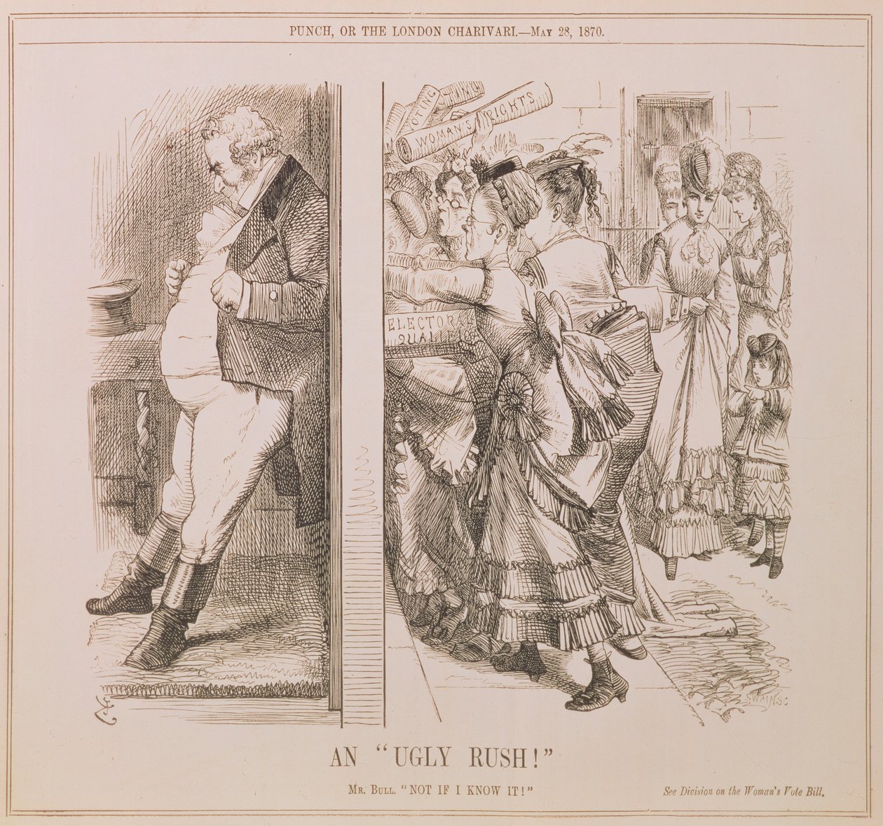 『アグリーラッシュ』、パンチマガジンの漫画、パブ。 1870 作： 英語学校