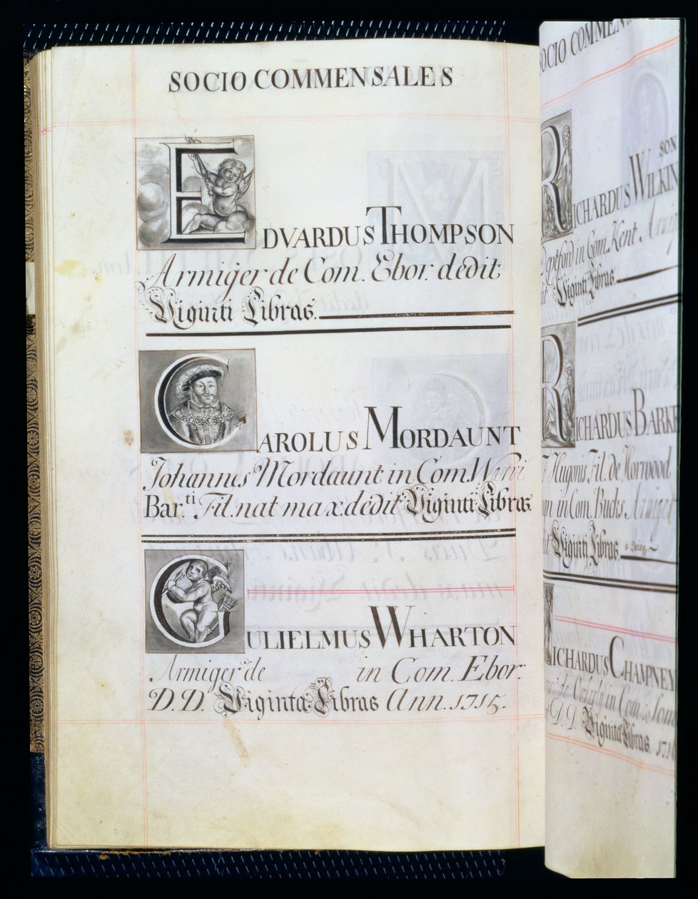 Archive 3693 f.58vオックスフォードのニューカレッジの3人の恩人をリストしたページ。エドヴァルダストンプソン、カロルスモルダン、グリエルムスウォートン 作： 英語学校