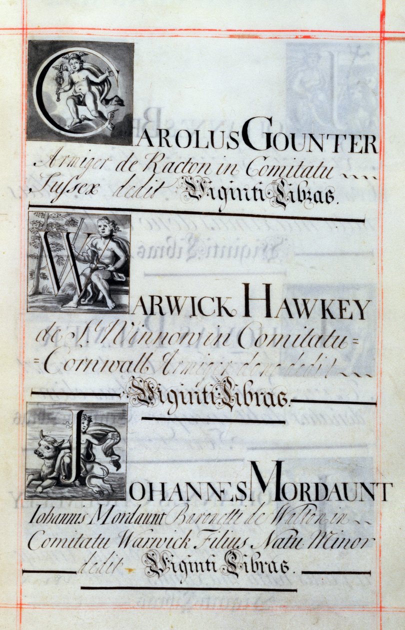 アーカイブ3693 f.62オックスフォードのニューカレッジの3人の恩人をリストしたページ。 Carolus Gounter、Warwick Hawkey、Johannes Mordaunt、Benefaction Book、16812-84（ペンとインク） 作： 英語学校
