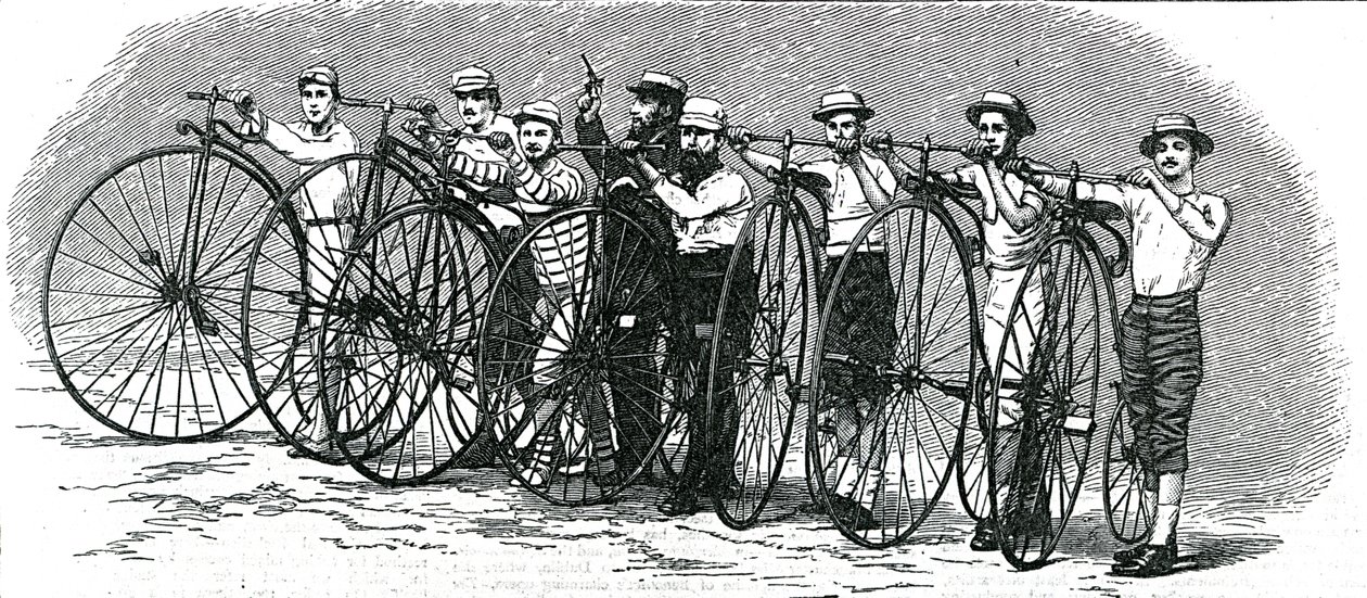 バースからロンドンまでの自転車レース-スタート、「グラフィック」のイラスト、1874年8月15日 作： 英語学校