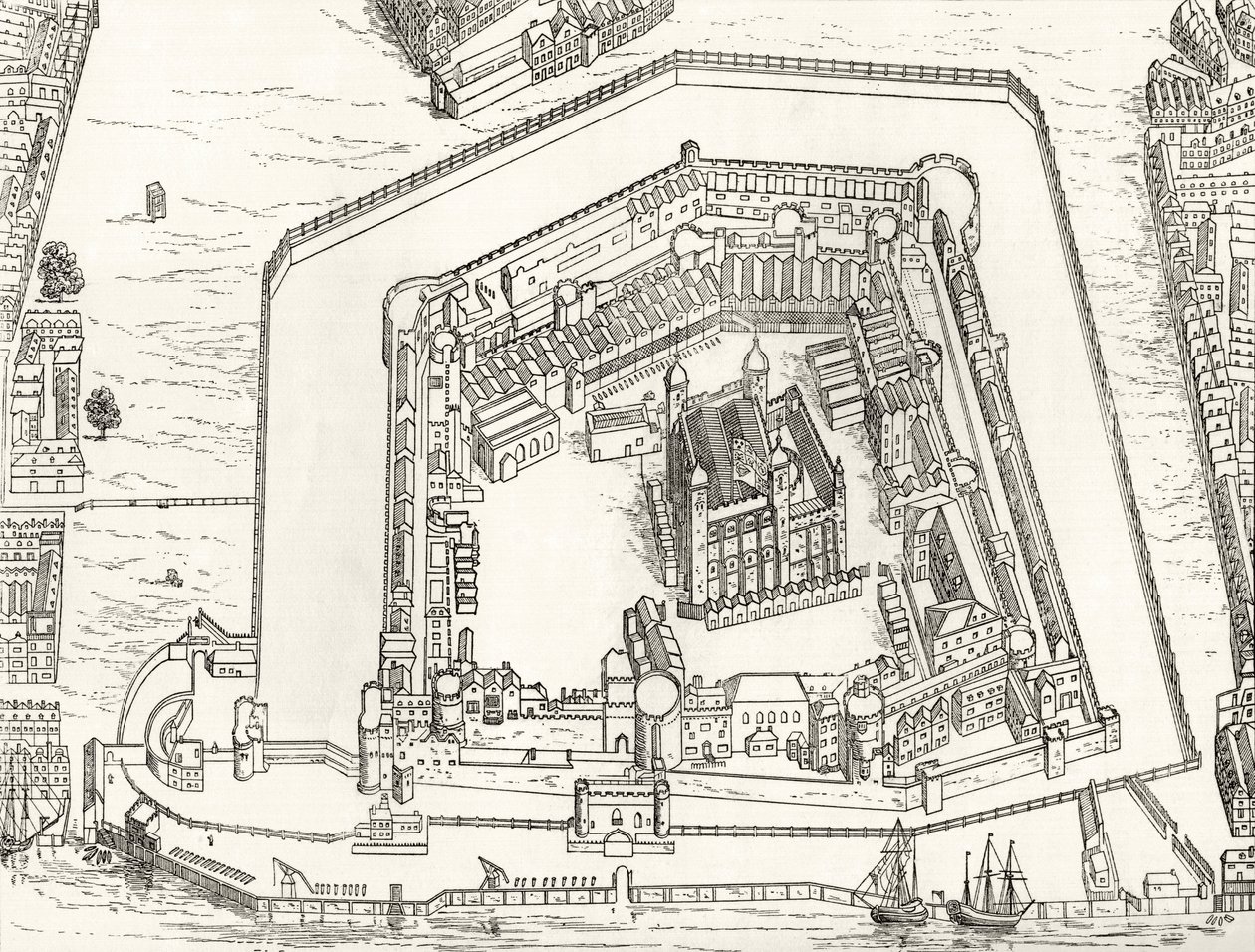 1688年にロンドン塔の鳥瞰図、「ロンドンの写真：ペンと鉛筆で描かれた」、リチャード・ラヴェット牧師作、1890年発行 作： 英語学校