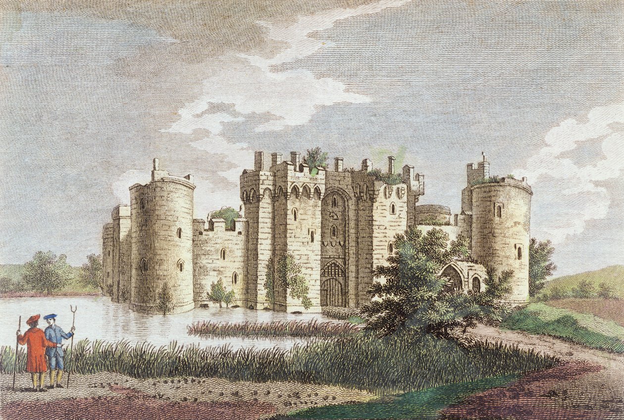 ボディアム城、サセックス、1778年1月7日（カラー彫刻） 作： 英語学校