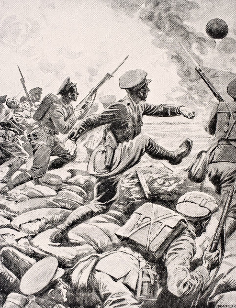 1916年にロンドンで出版された「The War Illustrated Album deLuxe」から、イギリスの将校が小隊に刺激を与えるためにドイツの路線に向かってサッカーを蹴る 作： 英語学校