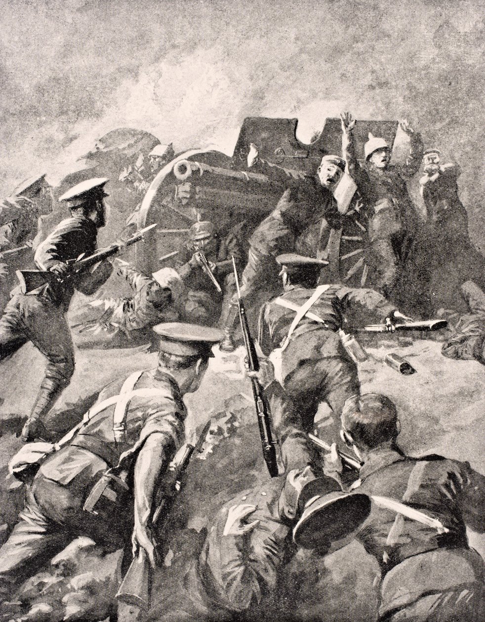 1916年にロンドンで公開された「The War Illustrated Album deLuxe」からイギリスの兵士がドイツの砲手を突撃 作： 英語学校